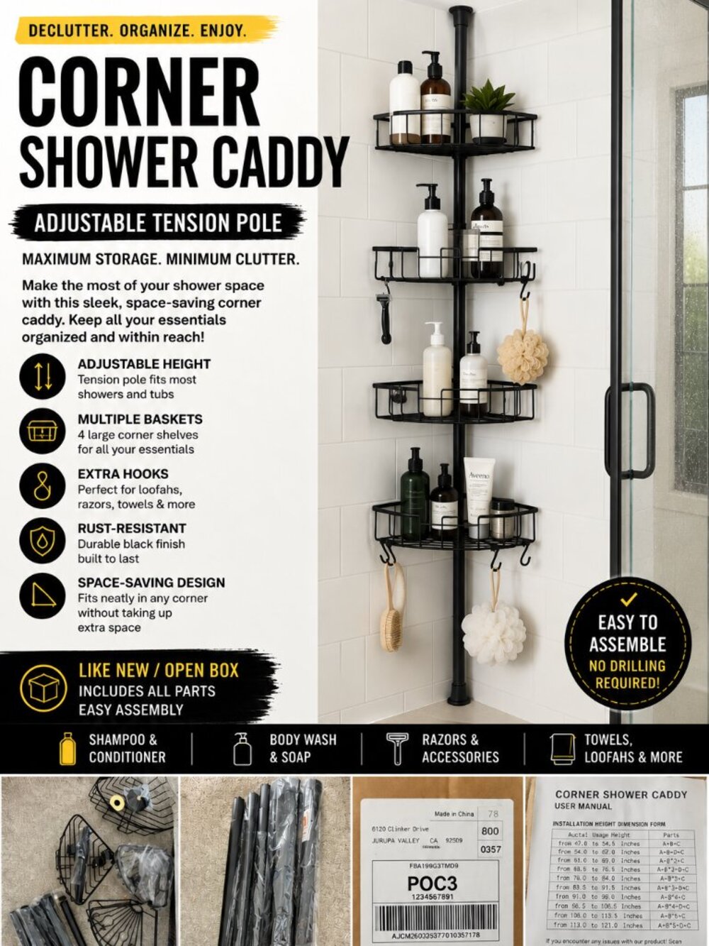 Black Corner Shower Caddy Adjustable Tension Pole Bathroom Organizer Storage